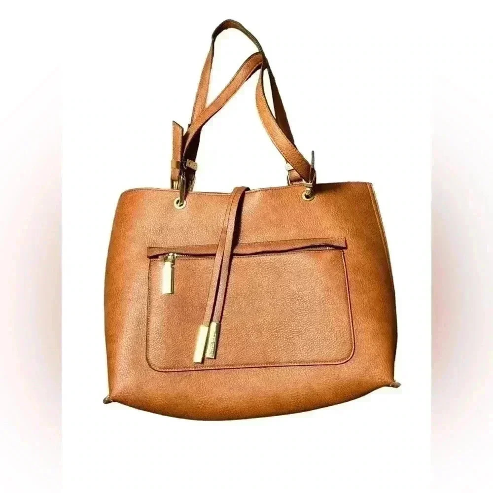 Steve Madden Brown Faux Leather Tote Bag Large Shoulder Purse Gold Hardware - Picture 2 of 15